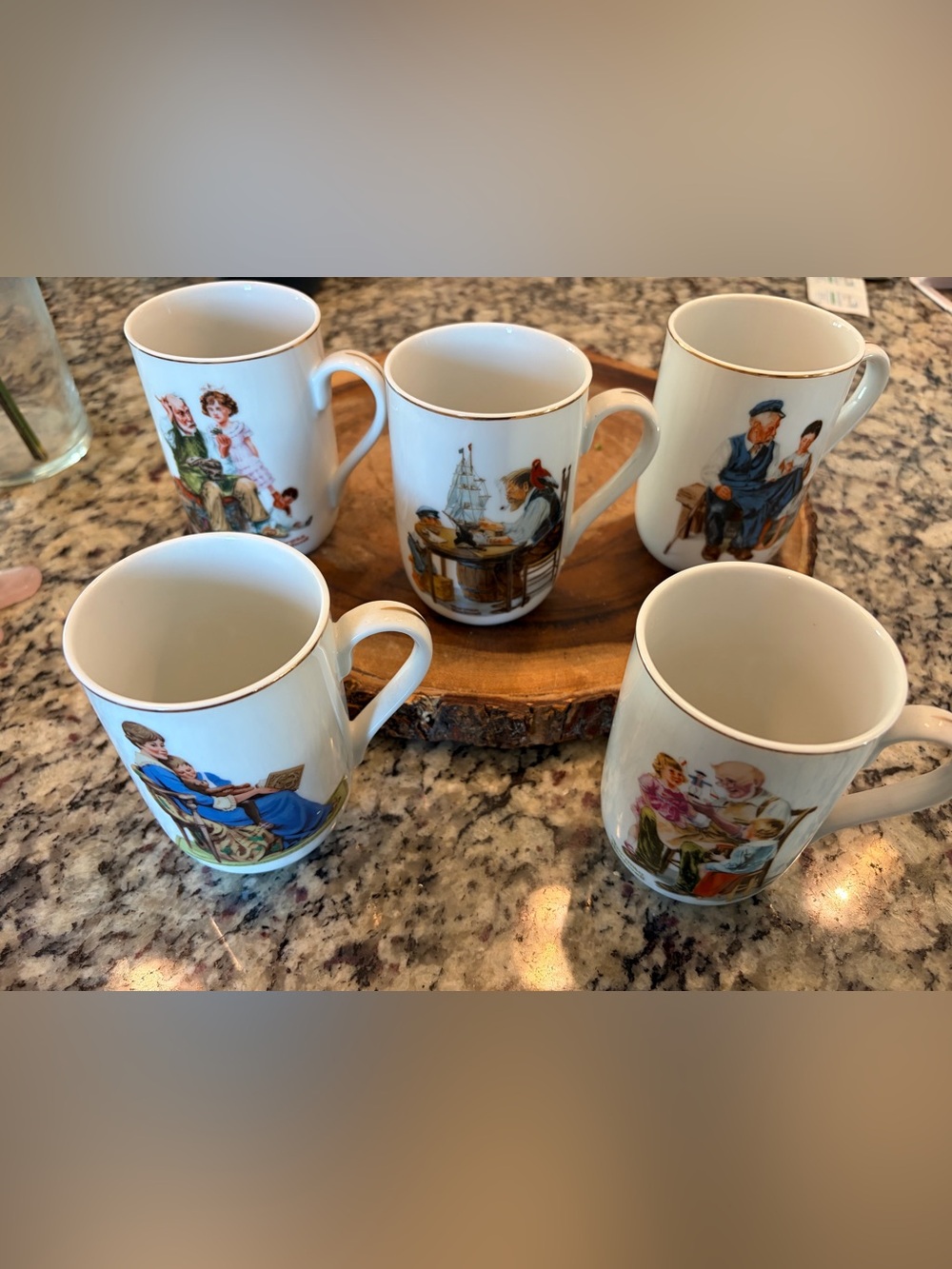 Vintage 1982 Norman Rockwell Museum Porcelain Mugs 22 kt Gold Trim Set of 5